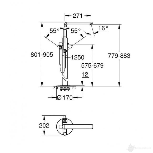 23792001 Lineare Смеситель однорычажный для ванны напольный монтаж, скрытая часть 45984001 отдельно, хром