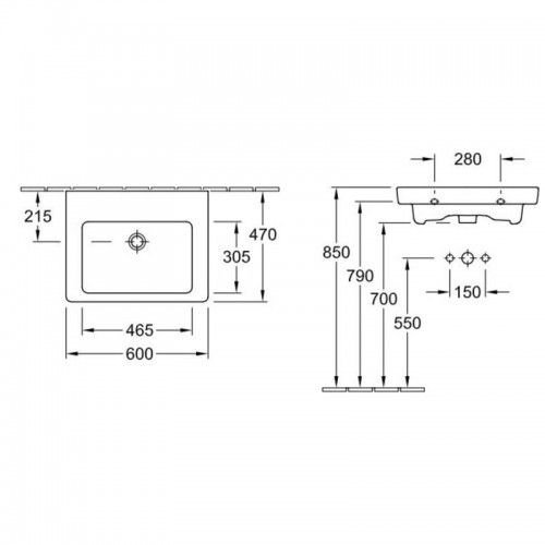 Умывальник Villeroy & Boch Subway 2.0, 600x470 мм, белый, возможная установка с 5243, 5244