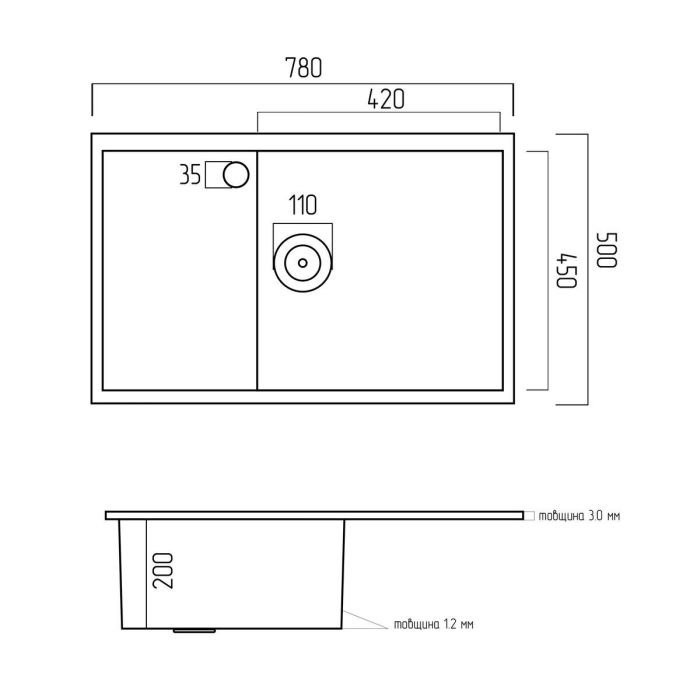 Кухонная мойка platinum handmade pvd н 780х500х200 r черная (с креплением и отверстием под смеситель)