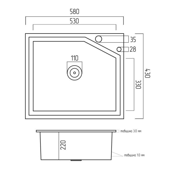 Кухонная мойка Рlatinum Handmade из нержавеющей стали, 58х43х22 см, Прямоугольная, Серебристая (SP000036081)