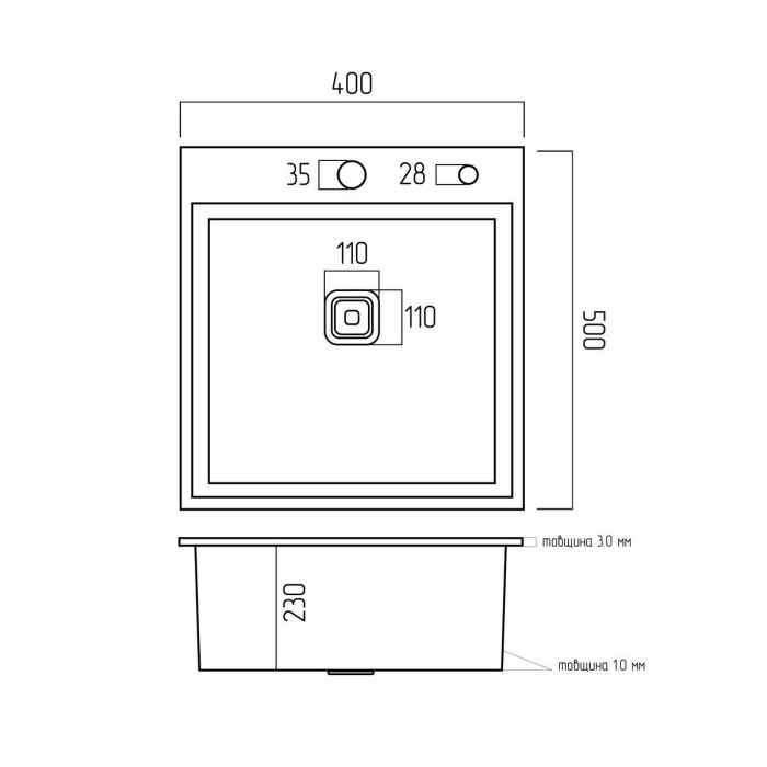 Кухонная мойка Platinum Handmade HSBB PVD из нержавеющей стали 3.0 мм, 40x50x23 см, Квадратный сифон, Серая