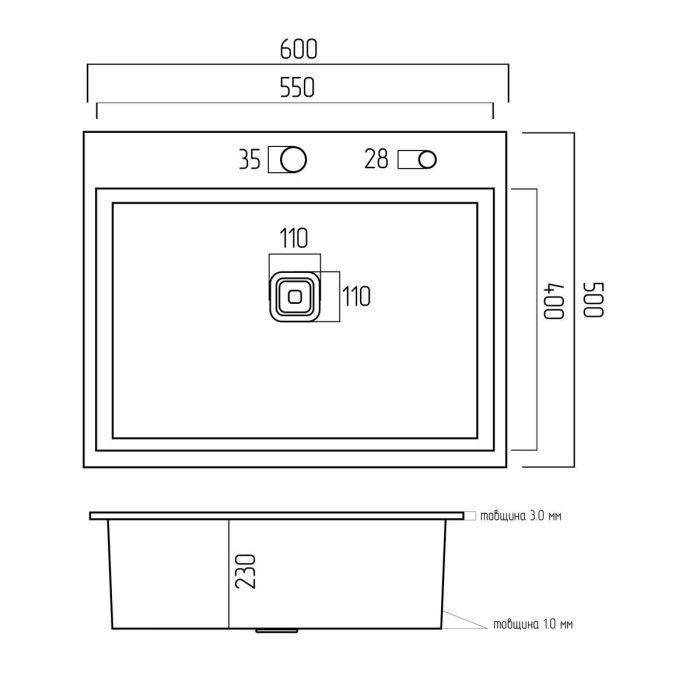 Кухонная мойка Platinum Handmade НSB из нержавеющей стали 3 мм, 60x50x23 см, Прямоугольная (SP000037018)