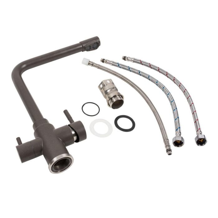 Смеситель под фильтр Platinum KT 8201 (8626) поворотный, двухрычажный из нержавеющей стали, Темная скала