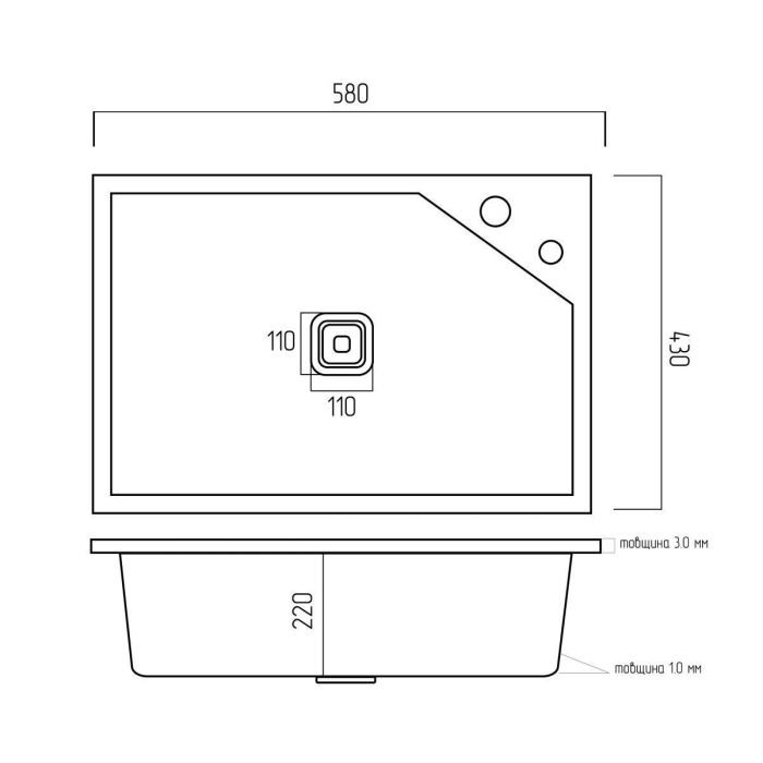 Мойка нержавеющая platinum handmade 58*43b hsb (квадратный сифон 3,0/1,0)