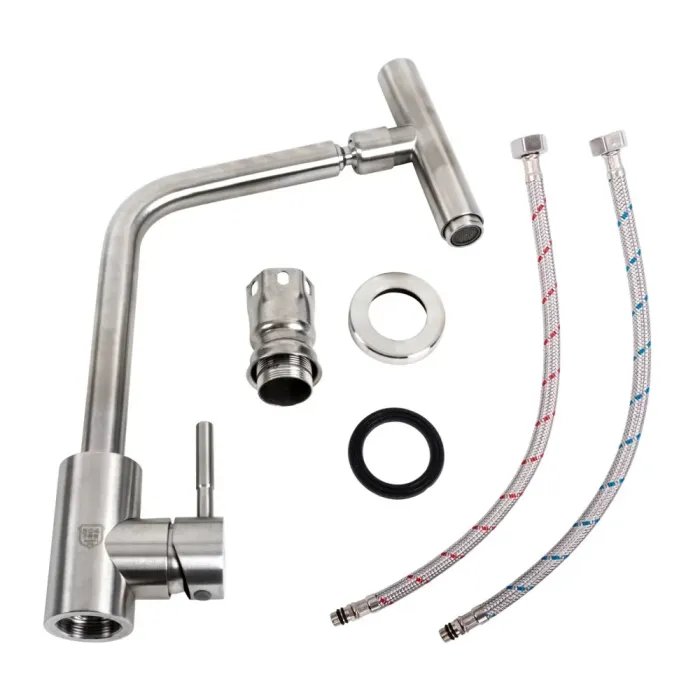 Смеситель кухонный Platinum 6766 KT поворотний, однорычажный из нержавеющей стали, Серый (000036391)