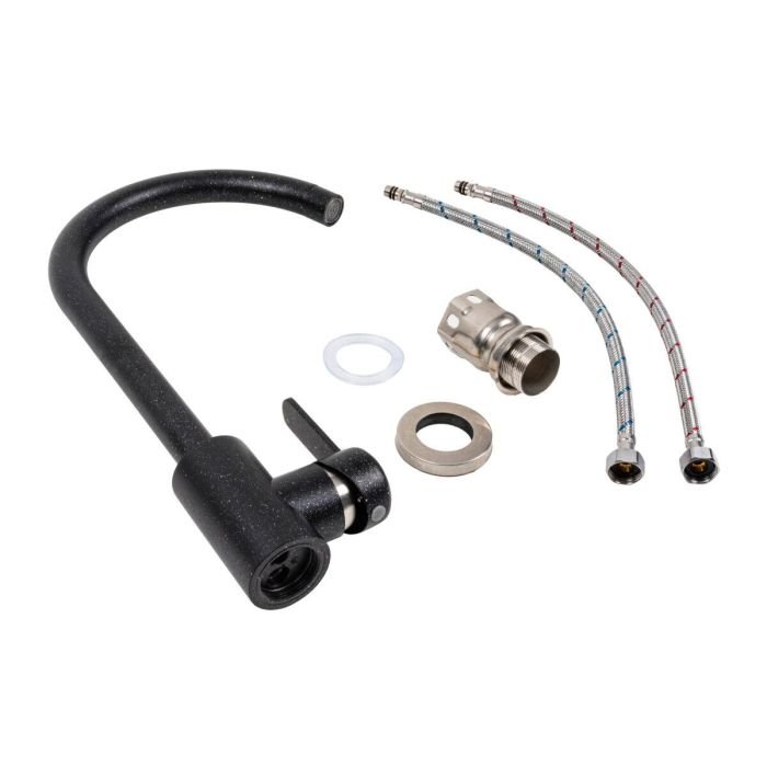 Смеситель кухонный Platinum 7990 NEST поворотный, однорычажный из нержавеющей стали, Черный металлик