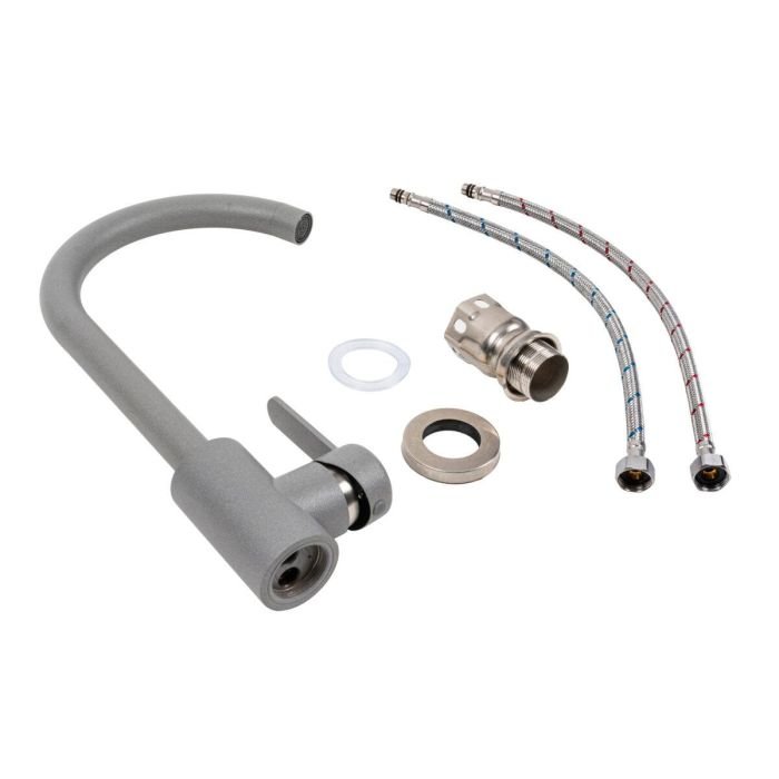 Смеситель кухонный Platinum 7990 NEST поворотный, однорычажный из нержавеющей стали, Серый металлик