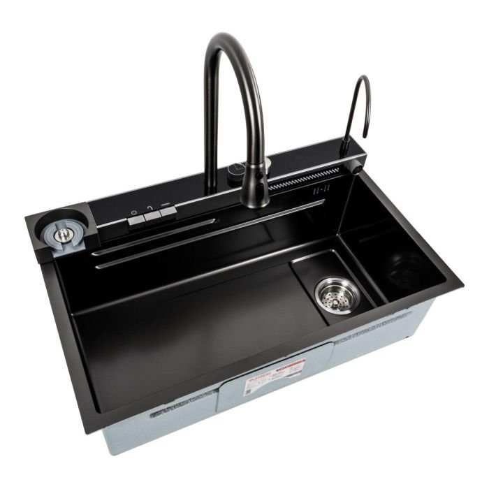 Кухонная мойка со смесителем Platinum Handmade "ВОДОСПАД" 75*45D PVD из нержавеющей стали, 78x45x21 см, Черная