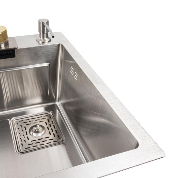 Кухонная мойка со смесителем Platinum Handmade "ВОДОСПАД" 75*45B PVD из нержавеющей стали, 78x45x21 см, Сатин