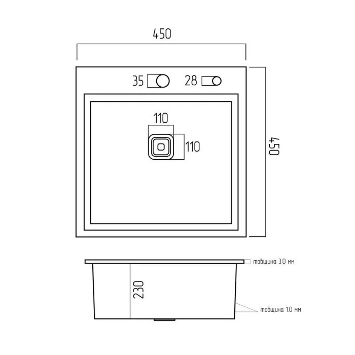 Кухонная мойка Platinum Handmade НSB из нержавеющей стали 3 мм, 45x45x23 см, Квадратная, Черная (000037434)