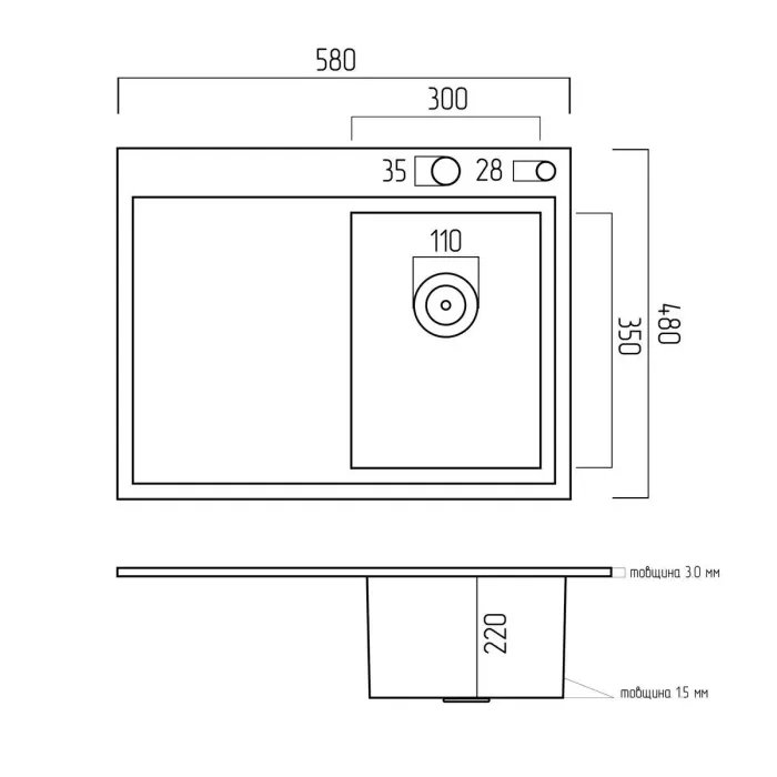 Кухонная мойка Platinum Handmade PVD R из нержавеющей стали 3 мм, 58x48x22 см, Прямоугольная Бронза(000031244)