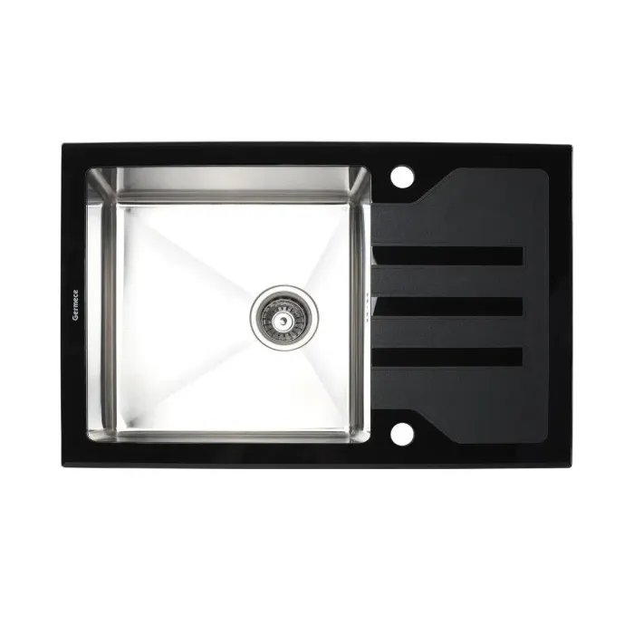 Кухонная стеклянная мойка Germece Handmade Black Glass нержавеющая сталь 3 мм, 78x51x20 см, Прямоугольная