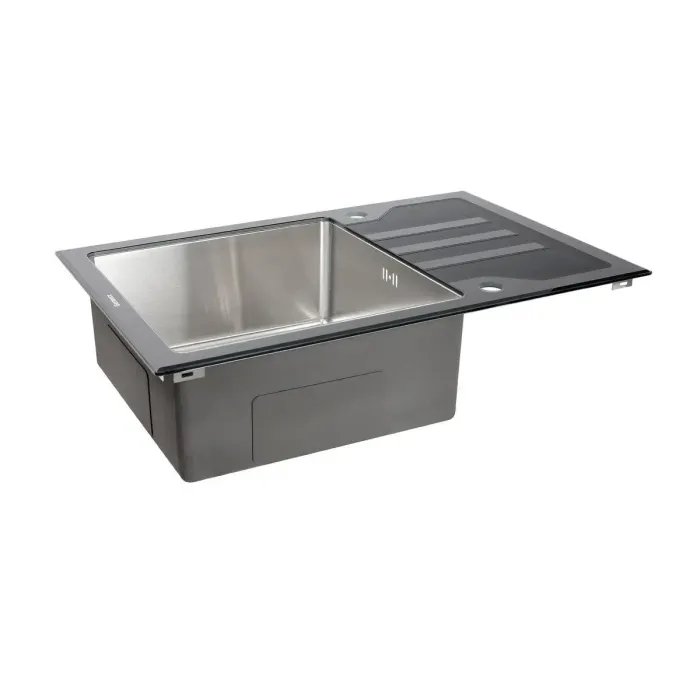 Кухонная стеклянная мойка Germece Handmade Black Glass нержавеющая сталь 3 мм, 78x51x20 см, Прямоугольная