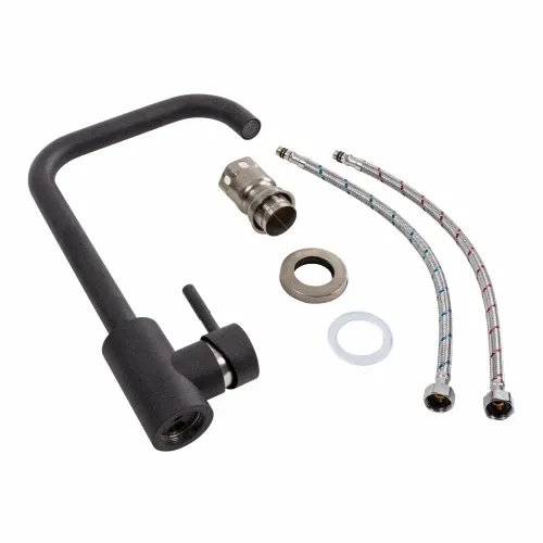 Смеситель кухонный Platinum NS02B (3008B) поворотный, однорычажный из нержавеющей стали, Карбон (000041059)