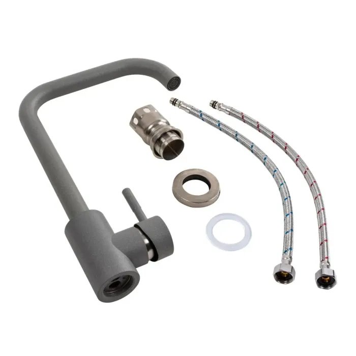 Смеситель кухонный Platinum NS02B (3008B) поворотный, однорычажный из нержавеющей стали, Серый металлик