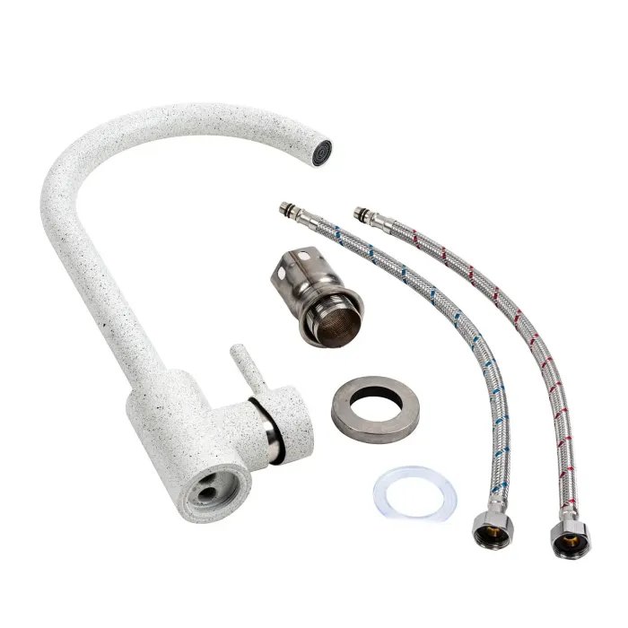 Смеситель кухонный Platinum 56 B NESP (3008 А) поворотный, однорычажный из нержавеющей стали, Белый в точку