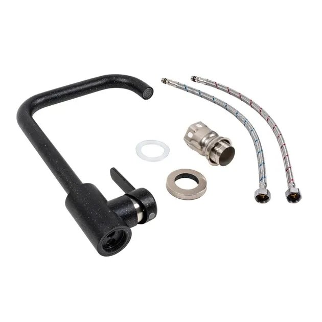 Смеситель кухонный Platinum KT 11 (3008B-FH) поворотный, однорычажный из нержавеющей стали, Черный металлик