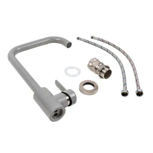 Смеситель кухонный Platinum KT 11 (3008B-FH) поворотный, однорычажный из нержавеющей стали, Серый металлик