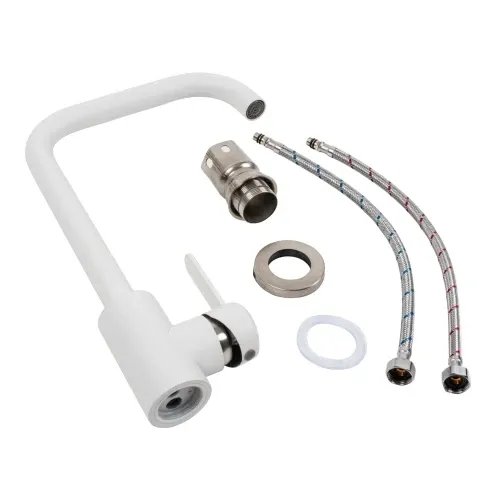 Смеситель кухонный Platinum KT 11 (3008B-FH) поворотный, однорычажный из нержавеющей стали, Белоснежный