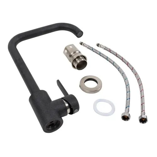 Смеситель кухонный Platinum KT 11 (3008B-FH) поворотный, однорычажный из нержавеющей стали, Карбон