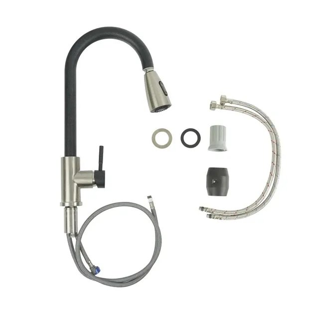 Смеситель кухонный Platinum KT 8203 (8614) однорычажный с выдвижным изливом, Черный металлик комби