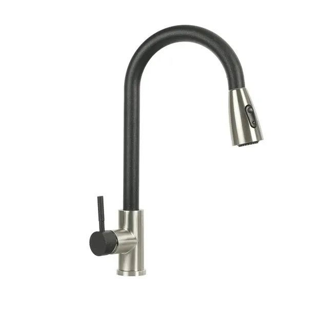 Смеситель кухонный Platinum KT 8203 (8614) однорычажный с выдвижным изливом, Черный металлик комби