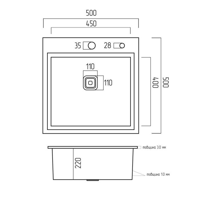 Кухонная мойка Platinum Handmade HSBB PVD из нержавеющей стали 3,0 мм, 50x50x22 см, Квадратная, Серая