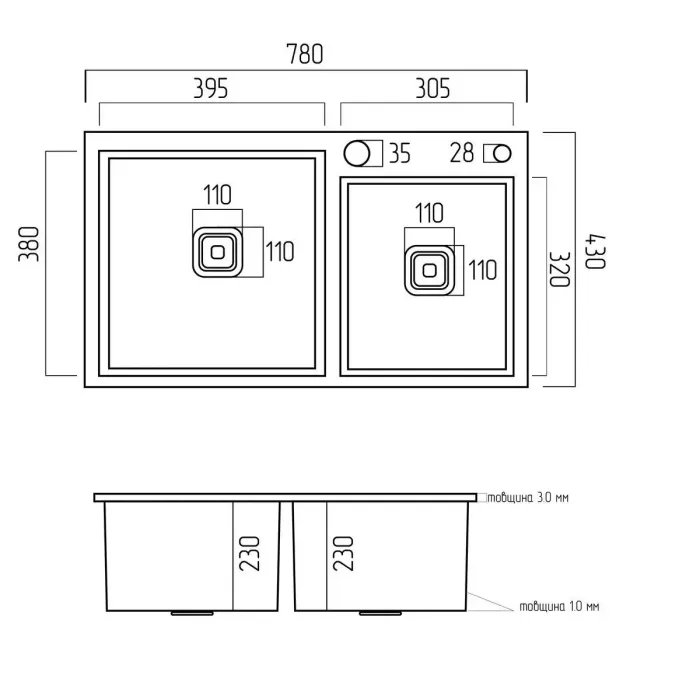 Кухонная мойка Platinum Handmade HDB из нержавеющей стали 1,0 мм, 78x43x22 см, Квадратный сифон, Черная