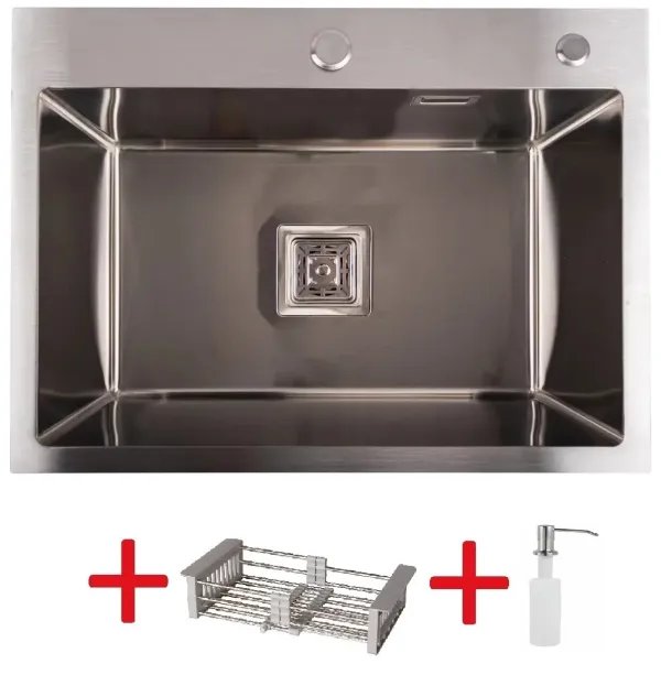 Кухонная мойка Platinum Handmade из нержавеющей стали 1,5 мм, 60x50 см, с подставкой для ножей, Прямоугольная