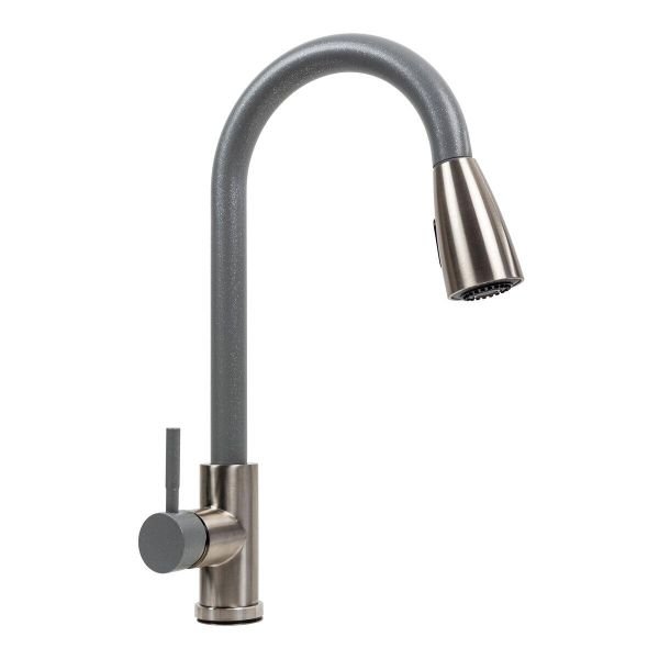 Смеситель кухонный Platinum KT 8203 (8614) однорычажный с выдвижным изливом, Серый металлик комби