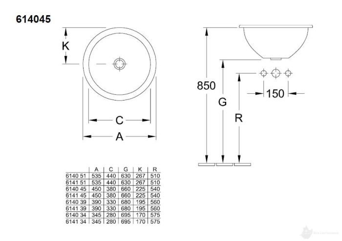 61404501 Loop And Friends Умывальник 45 см диаметр, встраиваемый сверху, с переливом, наружная сторона покрыта глазурью
