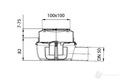 Easy Flow Трап 100*100 мм с горизонтальным выпуском 50 мм, пропускная способность - 60 л/м, решетка из нержавеющей стали (2505.05.77)