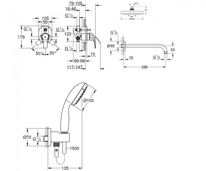 Душова система зі змішувачем GROHE BAU CURVE, верхній душ 200 мм - 1 режим + ручний душ 100 мм - 1 режим, Хром (UA2904300L)
