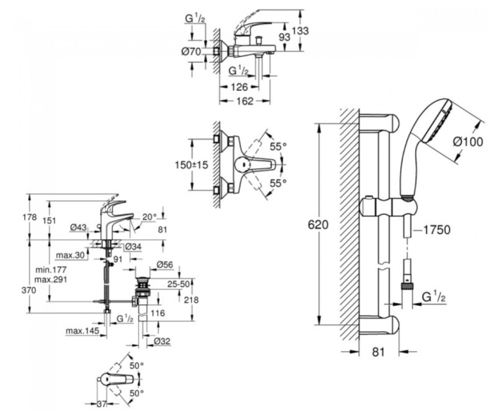Набір змішувачів 4 в 1 GROHE BAU CURVE ванна/душ +кухня, Хром (UA122218K0)